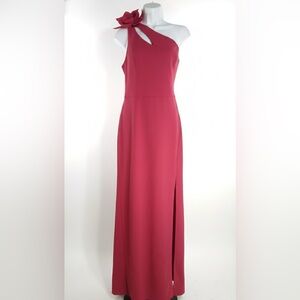 Red One Shoulder Flower Maxi Gown Slit Size 12 Holiday Party Gift For Her